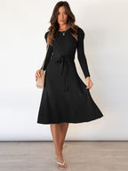 Pasbie Knitted Midi Dress with Tie Waist and Long Sleeves in Black