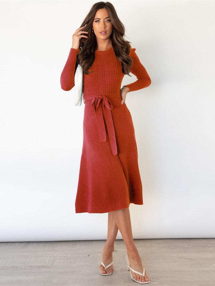 Pasbie Knitted Midi Dress with Tie Waist and Long Sleeves in Red