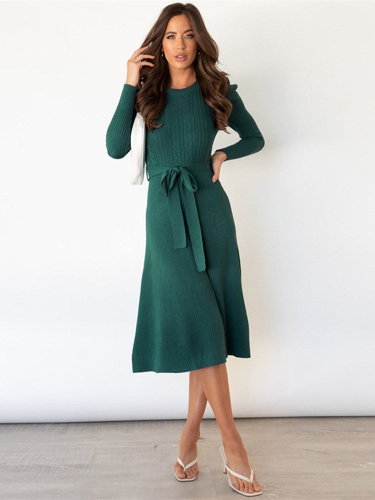 Pasbie Knitted Midi Dress with Tie Waist and Long Sleeves in Green