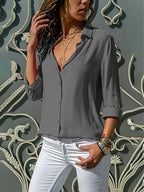 Paula Long Sleeve Blouse with Button Front and Collar in Grey
