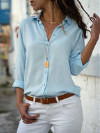 Paula Long Sleeve Blouse with Button Front and Collar in Light Blue