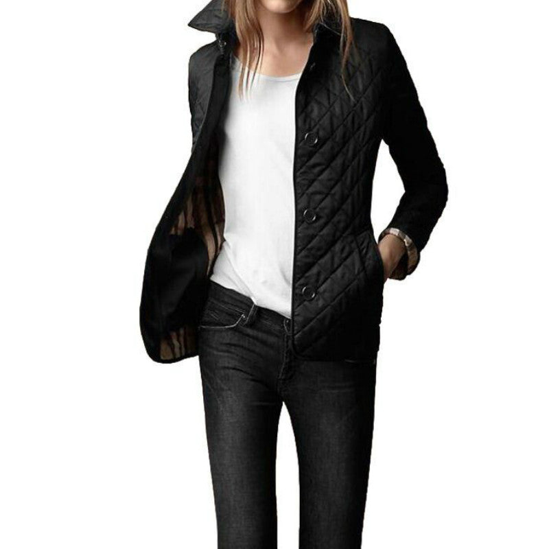 Penelope Diamond Quilted Jacket with Stand Collar in Black