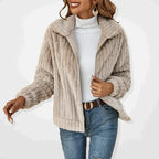 Phoebe Plush Textured Cardigan Jacket with Wide Collar in Beige