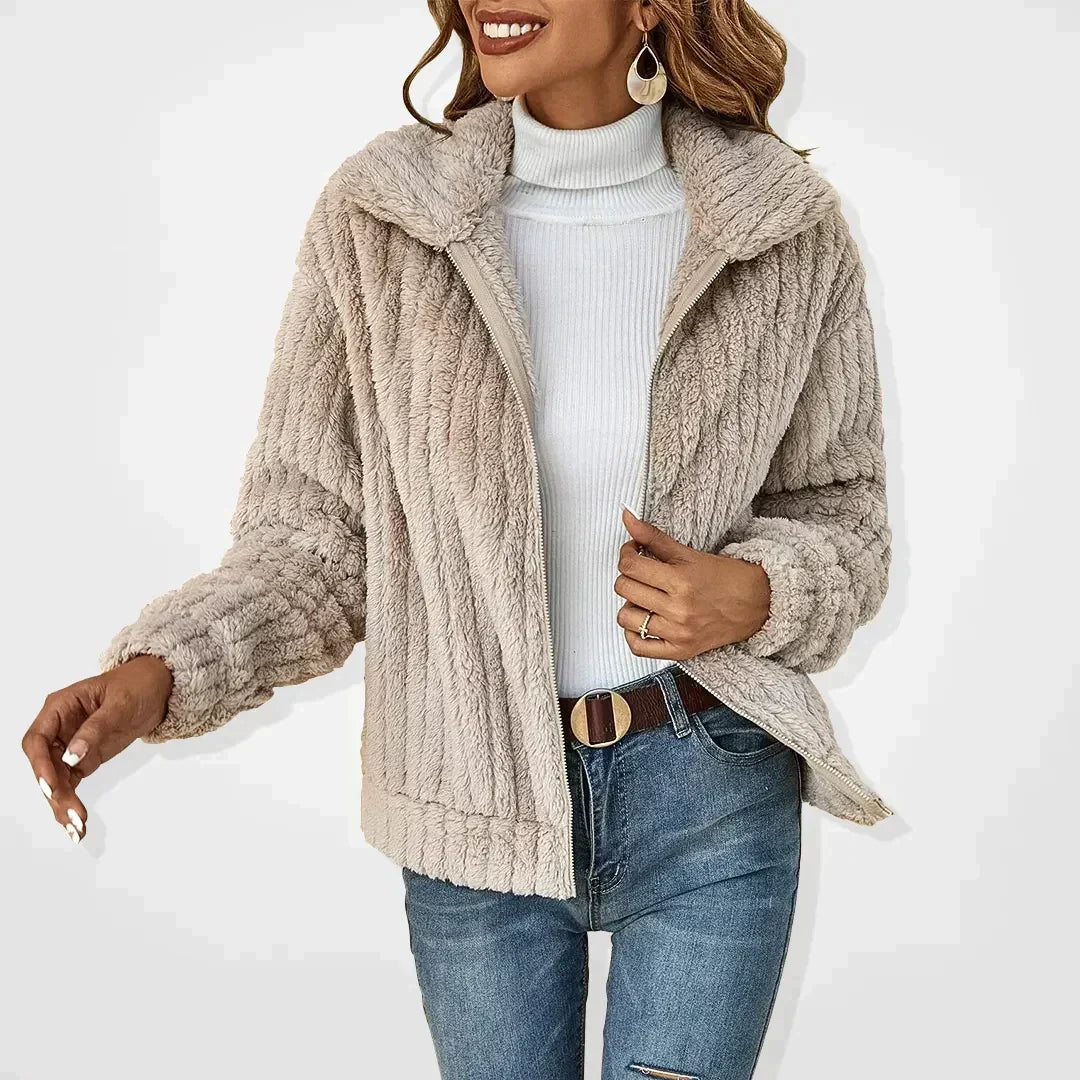 Phoebe Plush Textured Cardigan Jacket with Wide Collar in Beige