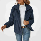 Phoebe Plush Textured Cardigan Jacket with Wide Collar in Navy