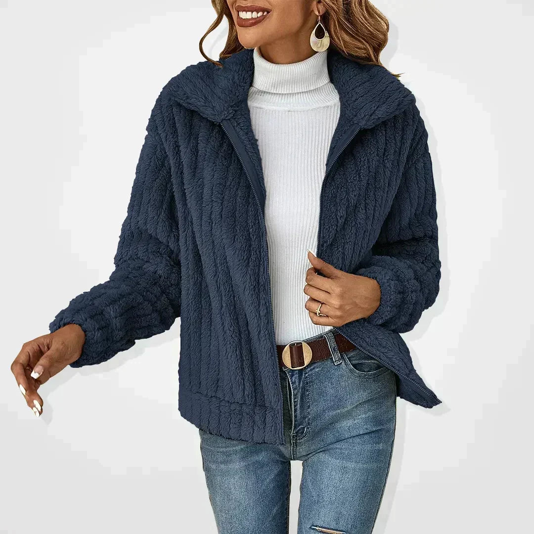 Phoebe Plush Textured Cardigan Jacket with Wide Collar in Navy