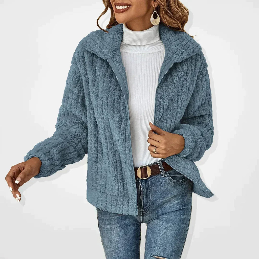 Phoebe Plush Textured Cardigan Jacket with Wide Collar in Blue