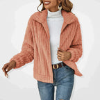Phoebe Plush Textured Cardigan Jacket with Wide Collar in Pink