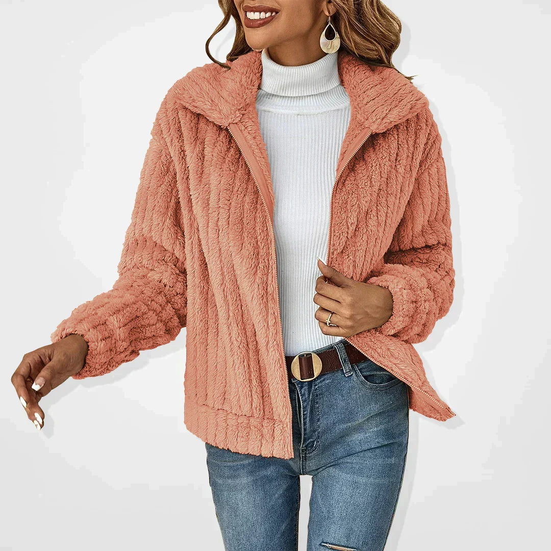 Phoebe Plush Textured Cardigan Jacket with Wide Collar in Pink