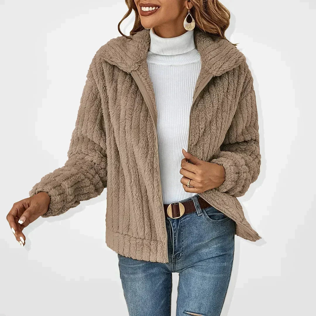 Phoebe Plush Textured Cardigan Jacket with Wide Collar in Khaki