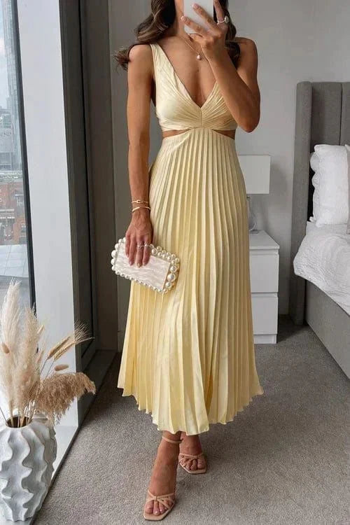 Pleated Midi Dress with V-Neck and Waist Cut-Out in Yellow