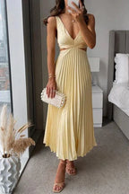 Pleated Midi Dress with V-Neck and Waist Cut-Out in Yellow