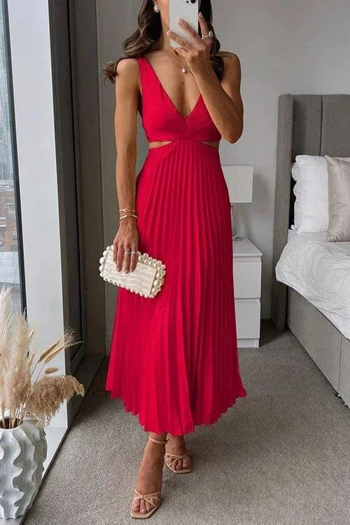 Pleated Midi Dress with V-Neck and Waist Cut-Out in Red