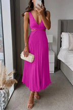 Pleated Midi Dress with V-Neck and Waist Cut-Out in Pink