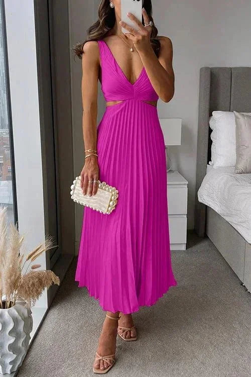 Pleated Midi Dress with V-Neck and Waist Cut-Out in Pink