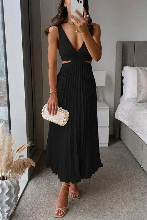 Pleated Midi Dress with V-Neck and Waist Cut-Out in Black