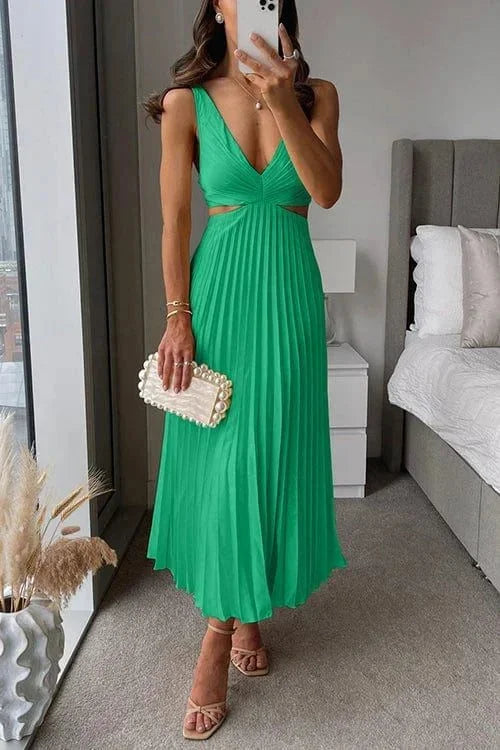 Pleated Midi Dress with V-Neck and Waist Cut-Out in Green