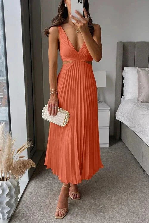 Pleated Midi Dress with V-Neck and Waist Cut-Out in Orange
