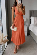 Pleated Midi Dress with V-Neck and Waist Cut-Out in Orange