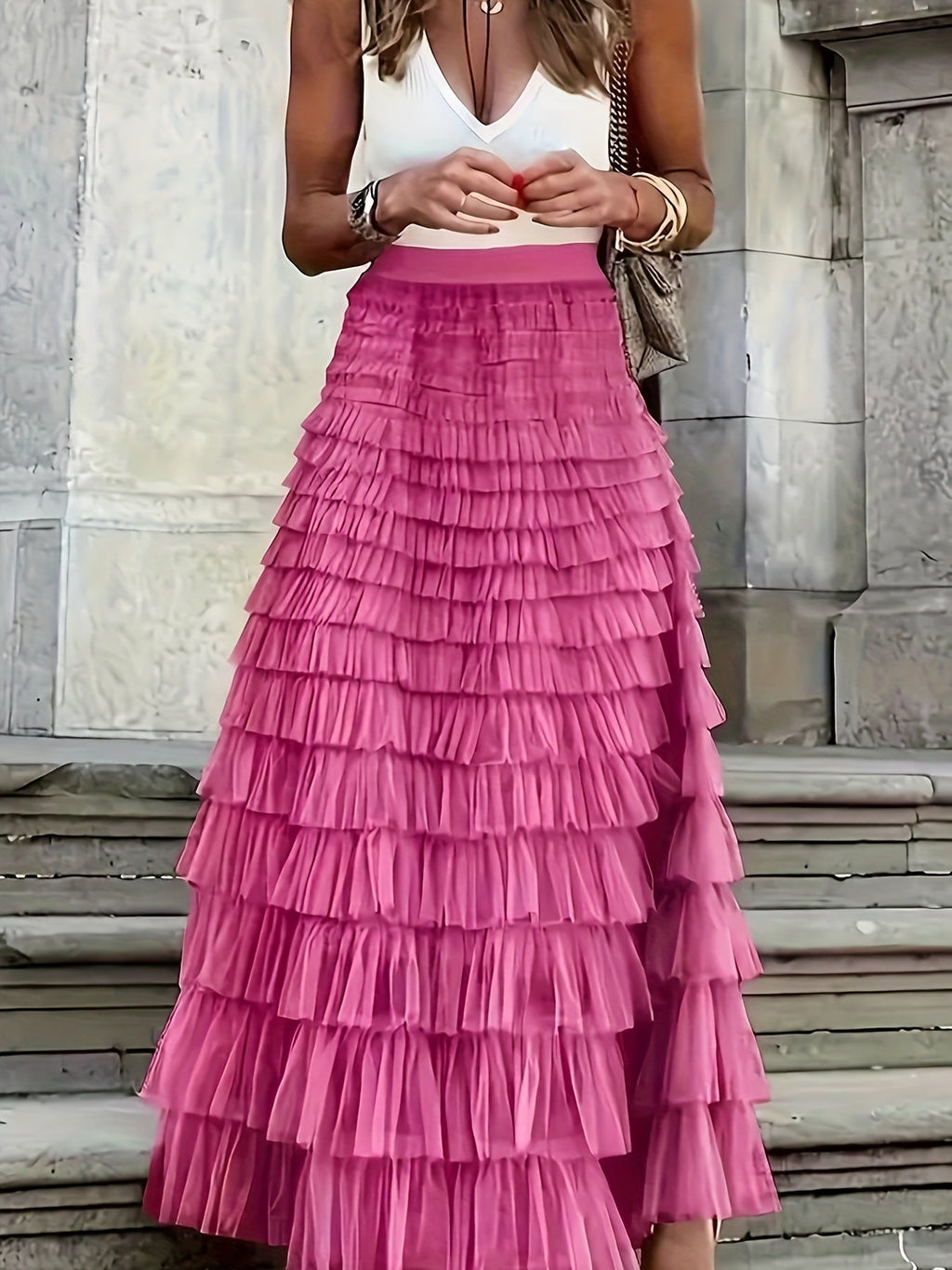 Quirinne Tiered Tulle Midi Skirt with Elasticated Waist in Dark Pink