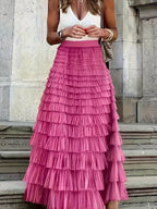 Quirinne Tiered Tulle Midi Skirt with Elasticated Waist in Dark Pink