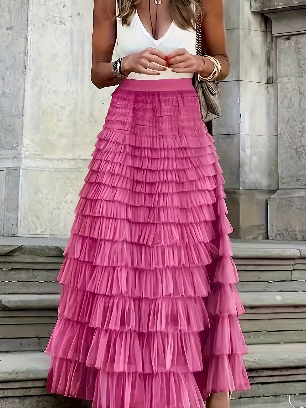 Quirinne Tiered Tulle Midi Skirt with Elasticated Waist in Dark Pink