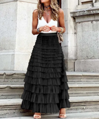 Quirinne Tiered Tulle Midi Skirt with Elasticated Waist in Black