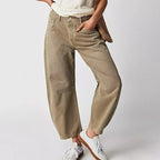Relaxed Barrel Leg Jeans with Denim-Look Washed Finish in Beige