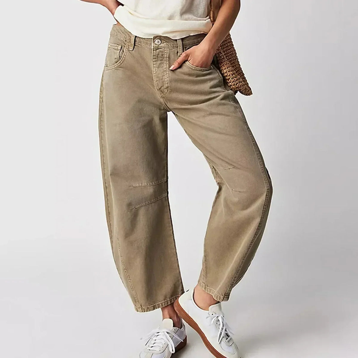 Relaxed Barrel Leg Jeans with Denim-Look Washed Finish in Beige