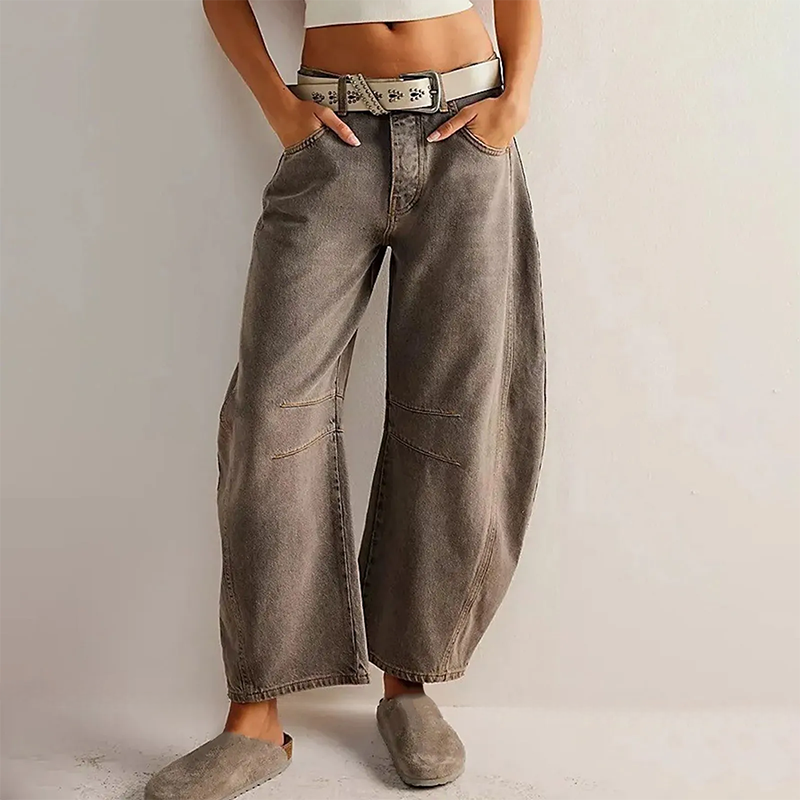 Relaxed Barrel Leg Jeans with Denim-Look Washed Finish in Light Brown