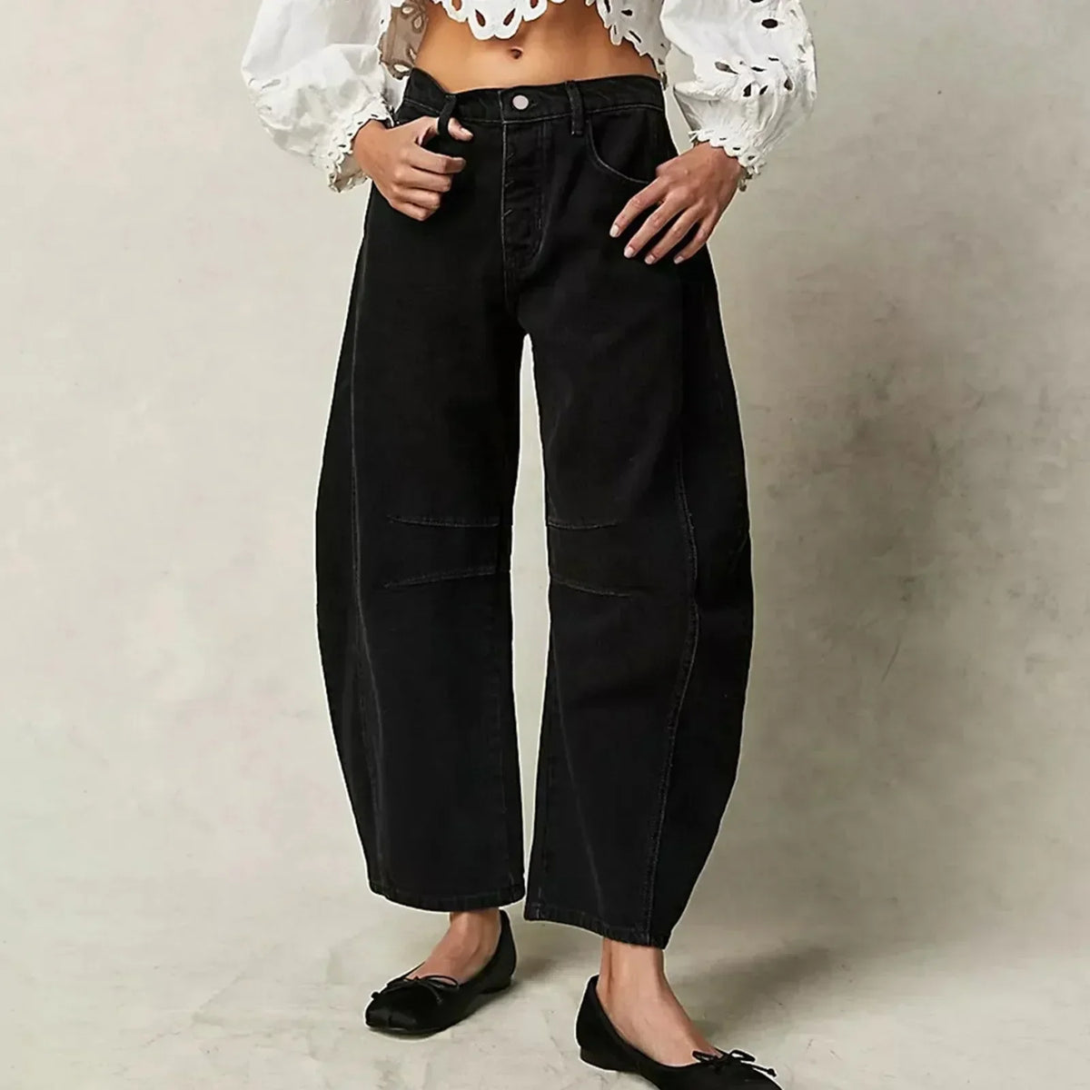 Relaxed Barrel Leg Jeans with Denim-Look Washed Finish in Black