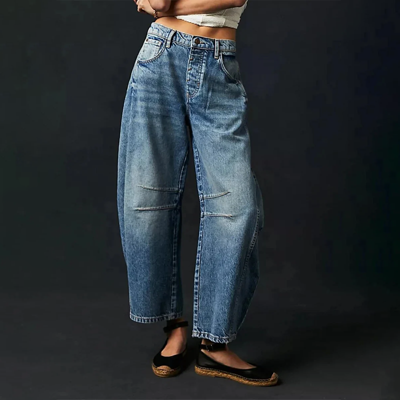Relaxed Barrel Leg Jeans with Denim-Look Washed Finish in Dark Blue