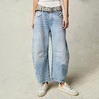 Relaxed Barrel Leg Jeans with Denim-Look Washed Finish in Light Blue