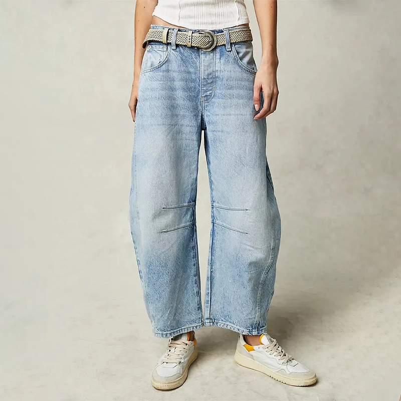 Relaxed Barrel Leg Jeans with Denim-Look Washed Finish in Light Blue