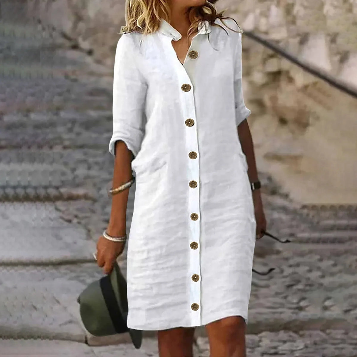 Relaxed Button-Through Shirt Dress with Side Pockets in White