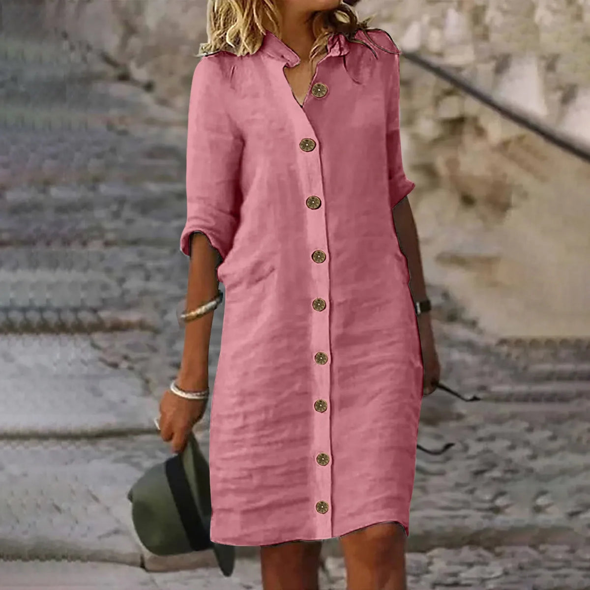 Relaxed Button-Through Shirt Dress with Side Pockets in Pink