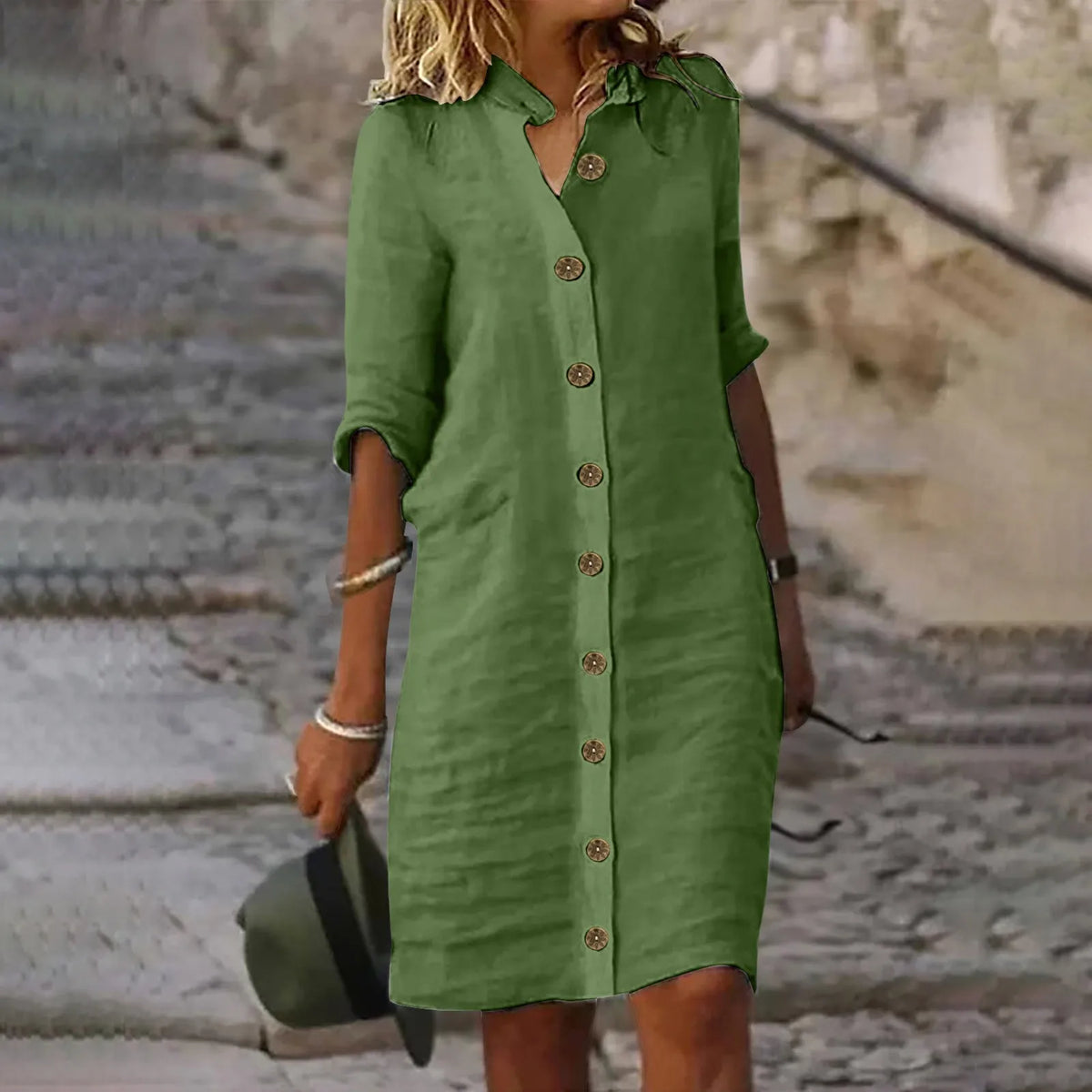 Relaxed Button-Through Shirt Dress with Side Pockets in Green