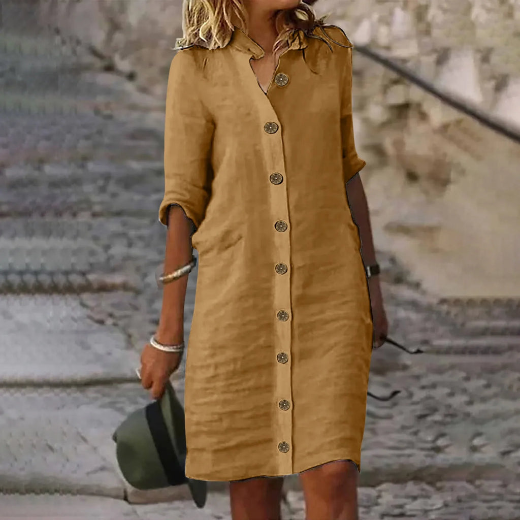 Relaxed Button-Through Shirt Dress with Side Pockets in Khaki