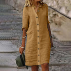 Relaxed Button-Through Shirt Dress with Side Pockets in Khaki