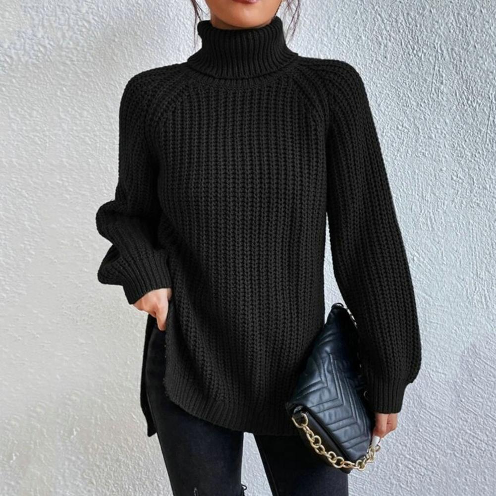 Rena Ribbed Turtleneck Sweater with Puff Raglan Sleeves in Black