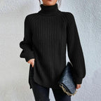 Rena Ribbed Turtleneck Sweater with Puff Raglan Sleeves in Black