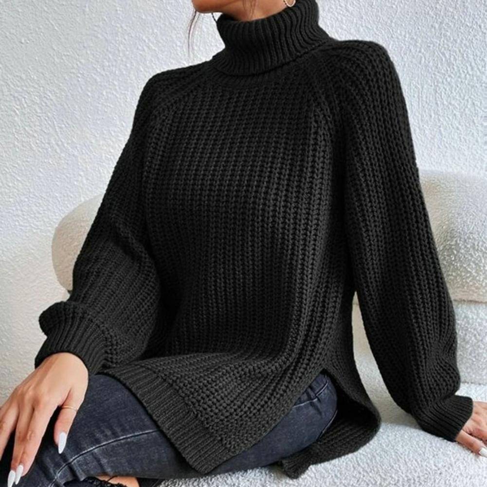 Rena Ribbed Turtleneck Sweater with Puff Raglan Sleeves in Black