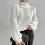 Rena Ribbed Turtleneck Sweater with Puff Raglan Sleeves in White