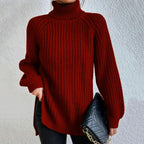 Rena Ribbed Turtleneck Sweater with Puff Raglan Sleeves in Red