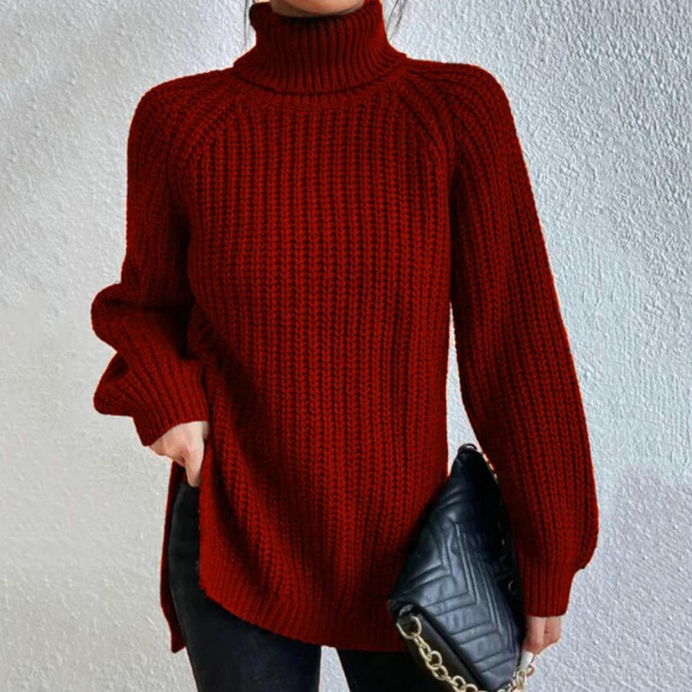 Rena Ribbed Turtleneck Sweater with Puff Raglan Sleeves in Red