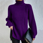 Rena Ribbed Turtleneck Sweater with Puff Raglan Sleeves in Purple