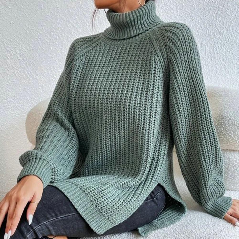 Rena Ribbed Turtleneck Sweater with Puff Raglan Sleeves in Green