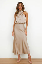 Rosa Satin-Look Halter Maxi Dress with Cowl Neckline in Champagne