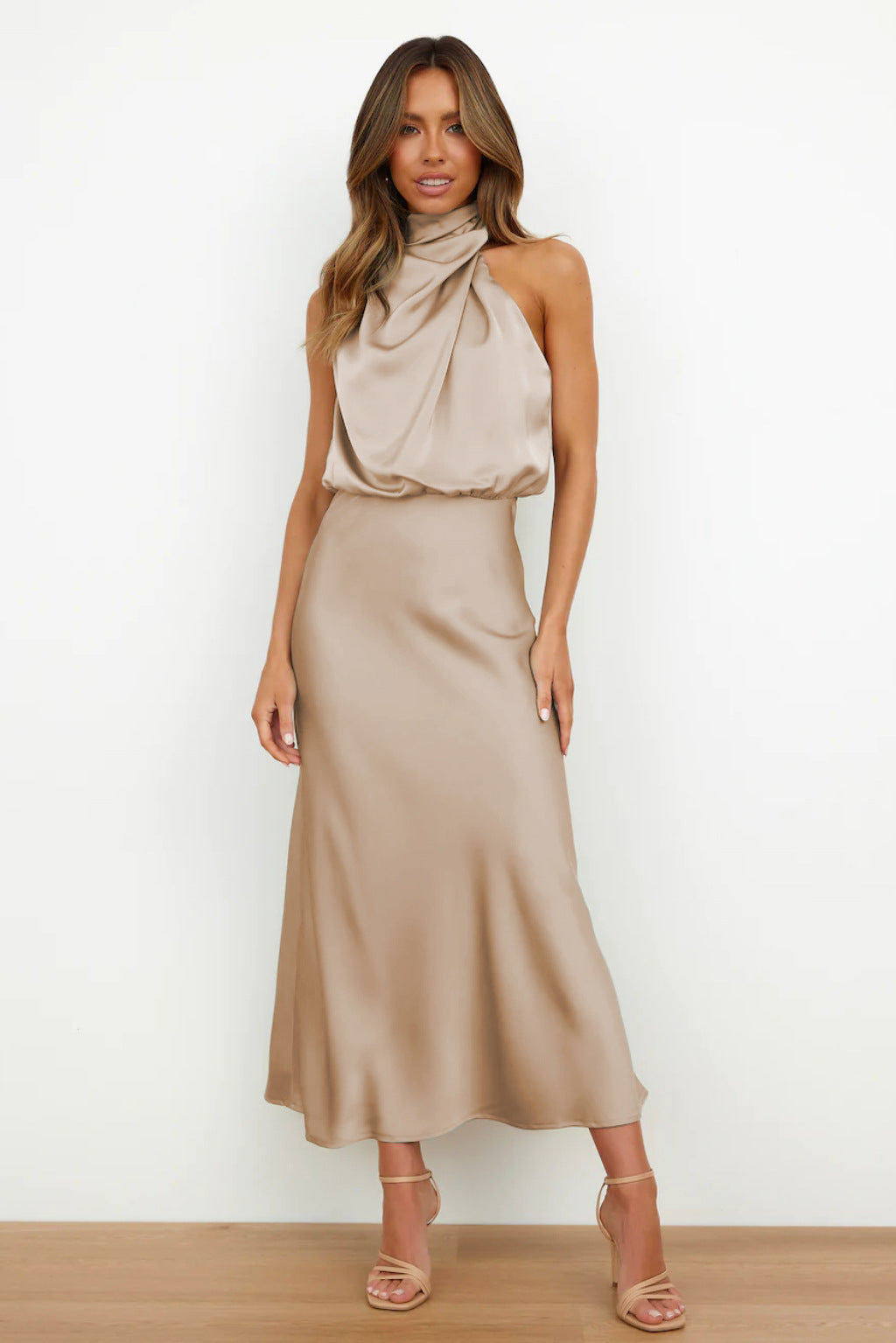 Rosa Satin-Look Halter Maxi Dress with Cowl Neckline in Champagne
