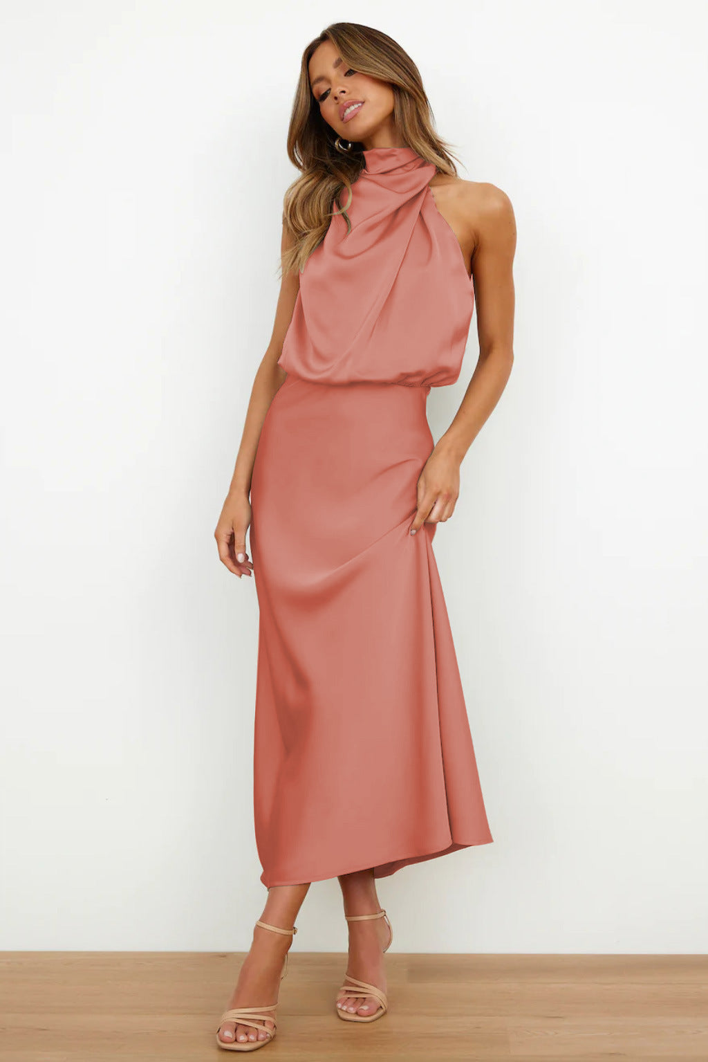 Rosa Satin-Look Halter Maxi Dress with Cowl Neckline in Salmon